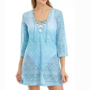 Lace Up Swim Cover Up Tunic Stretch Side Slits V Neck Semi Sheer Size L